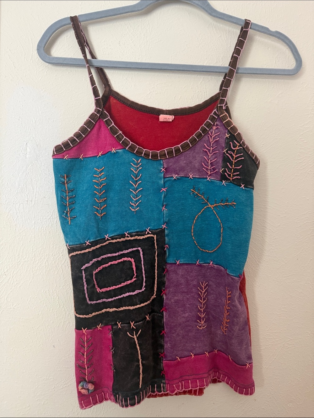 Patchwork Embroidered Tank Top — Teal, Purple & Pink